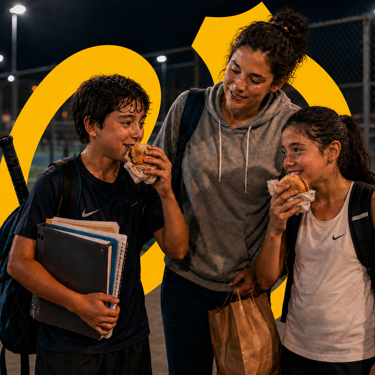 A parent and her two kids in sports gear sharing sandwiches under the lights after evening practice.