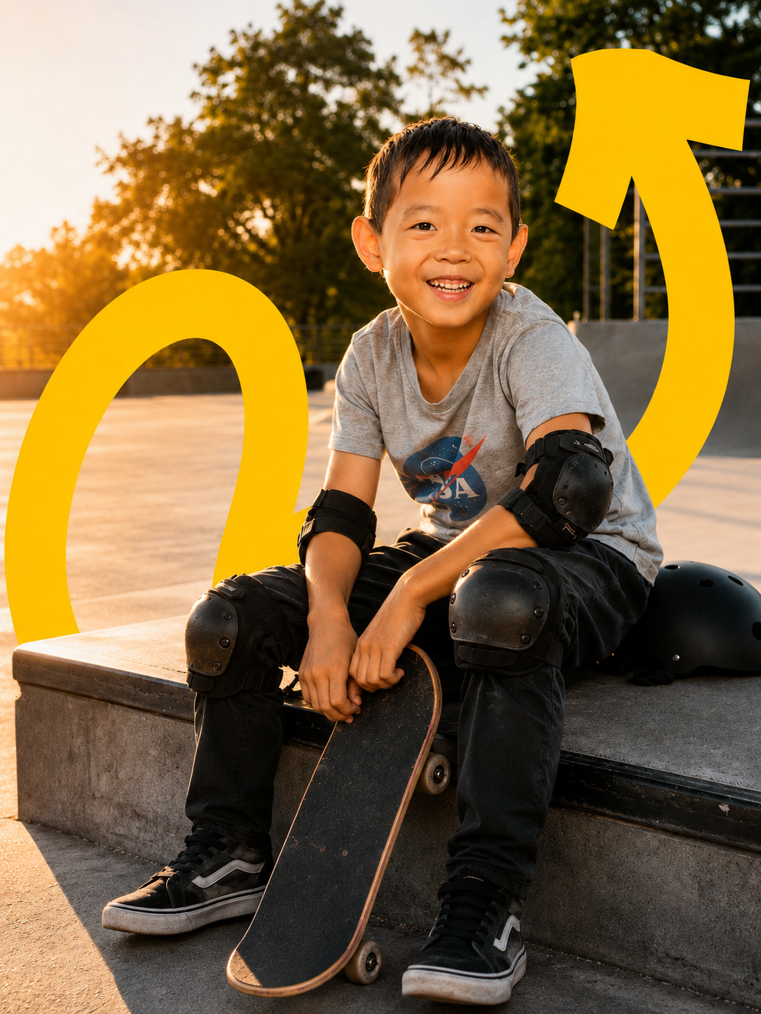 A smiling boy in skate gear sitting with his skateboard and helmet at a skatepark at golden hour.