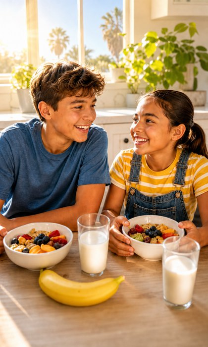 Two children at a sunlit kitchen table with bowls of fruit and cereal, glasses of milk and a banana.