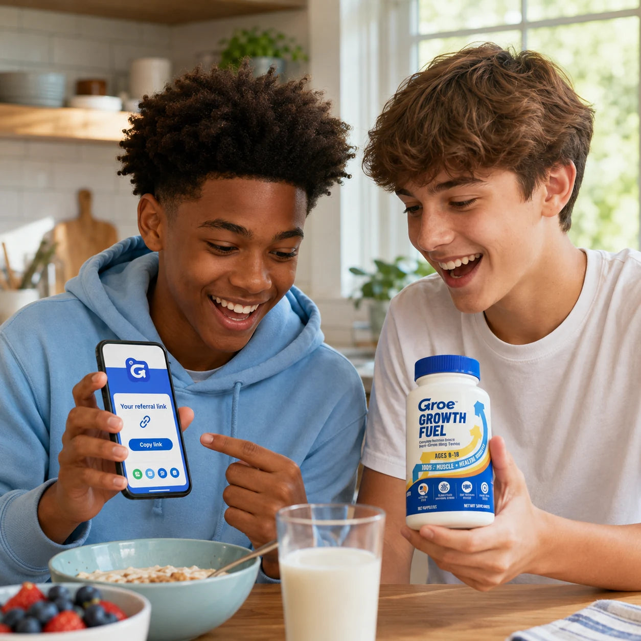 Two teenage friends sharing a Groe referral link over breakfast while holding Growth Fuel