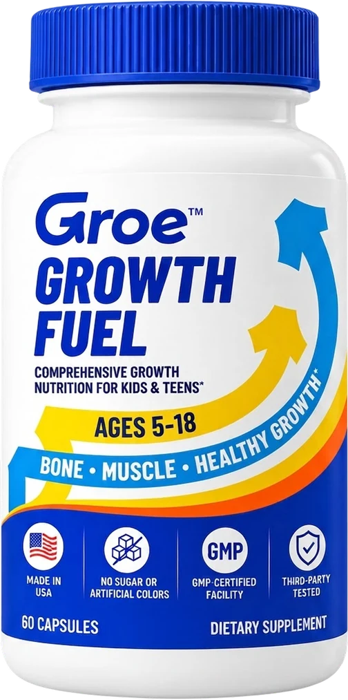 Bottle of Groe Growth Fuel, 60 capsules, for ages 5–18.